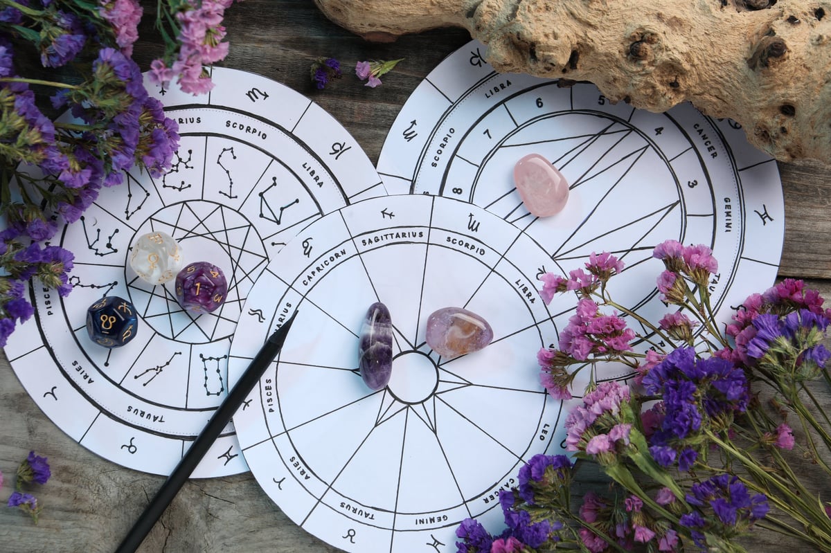 Flat lay of golden zodiac wheels and astrological tools on a warm wooden surface